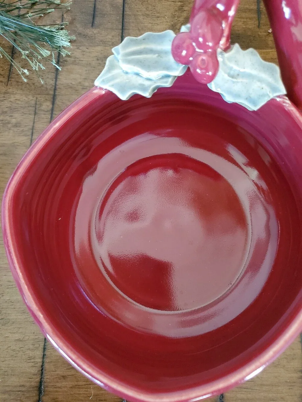 Artisan Handcrafted Red Ceramic Holiday Bowl Holly Berry Handle Festive Pottery